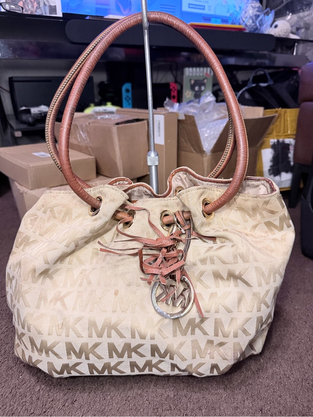Michael Kors Beige MK Logo Drawstring Hobo with Brown Leather Handles